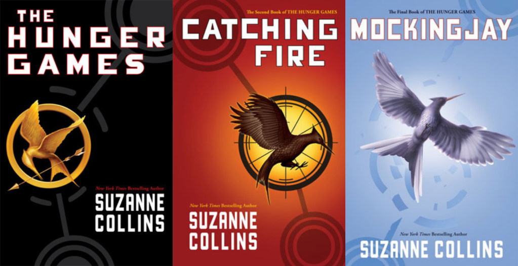 The Hunger Games trilogy by Suzanne Collins, from left to right: The Hunger Games, Catching Fire, and Mockingjay.